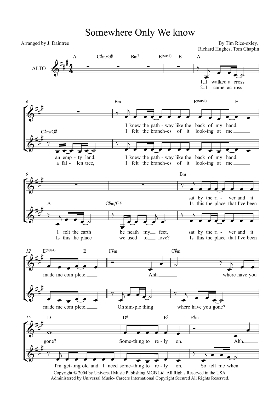 Somewhere Only We Know (arr. J. Daintree)