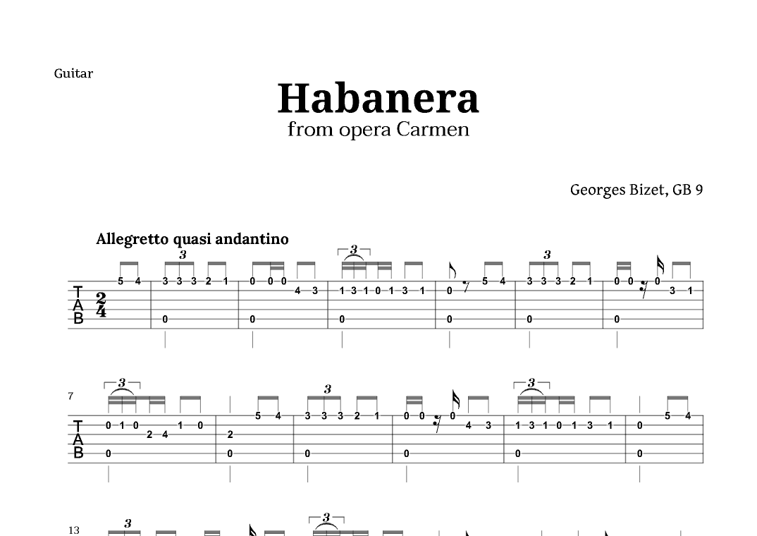 Habanera from Carmen by Bizet for Guitar TAB (arr. Langanho)