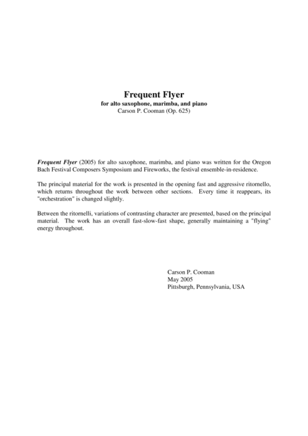 Carson Cooman: Frequent Flyer (2005) for alto saxophone, marimba, and piano