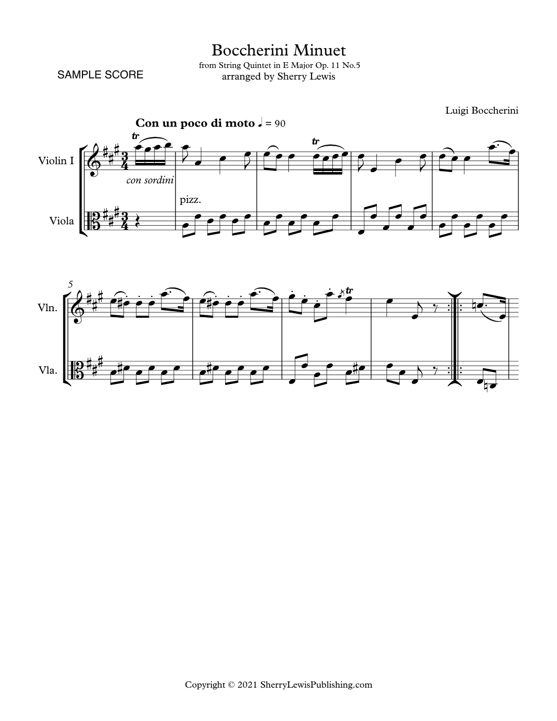 MINUET BY BOCCHERINI DUET FOR VIOLIN AND VIOLA, Intermediate Level (arr. Sherry Lewis)