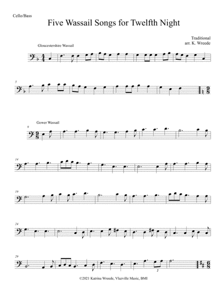 Five Traditional Wassail Songs for Twelfth Night - Solo Cello/Bass (arr. K. Wreede)