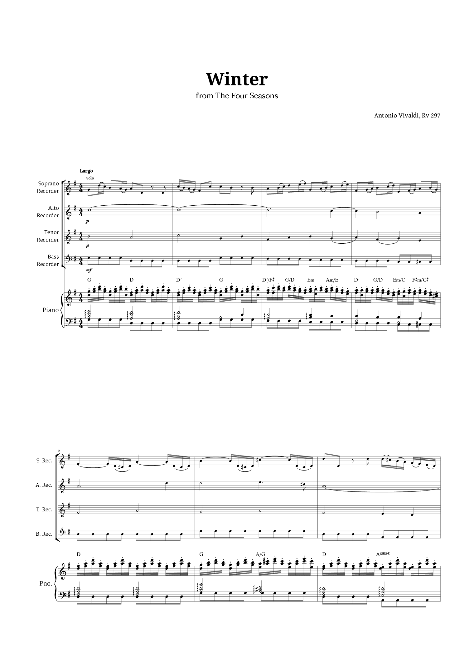 Largo from Winter by Vivaldi for Recorder Quartet and Piano with Chords (arr. Langanho)