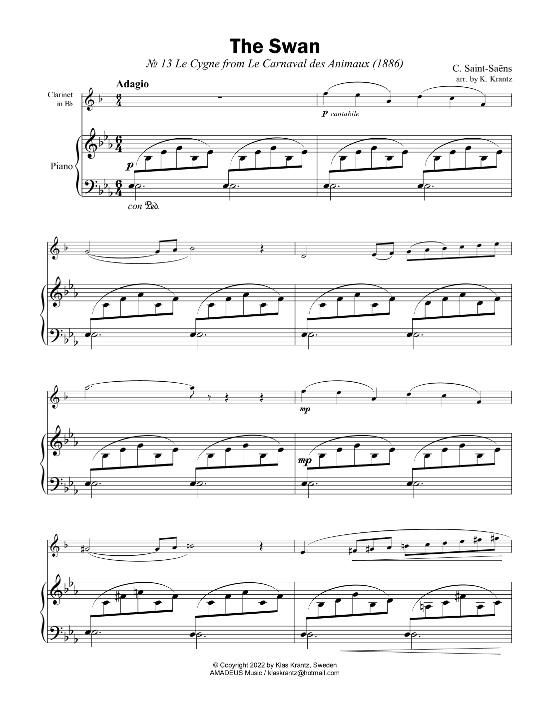 The Swan / Le cygne for clarinet in Bb and easy piano (arr. K. Krantz)