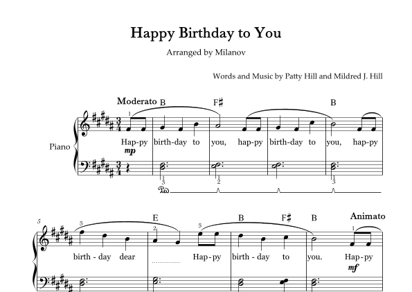 Happy Birthday to You in B Piano Easy Intermediate Chord Fingering Lyrics Pedal (arr. Milanov)