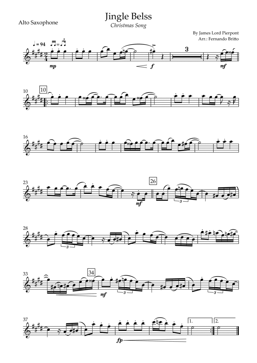 Jingle Bells - Jazz Version (Christmas Song) for Alto Saxophone Solo (arr. Fernando Britto)