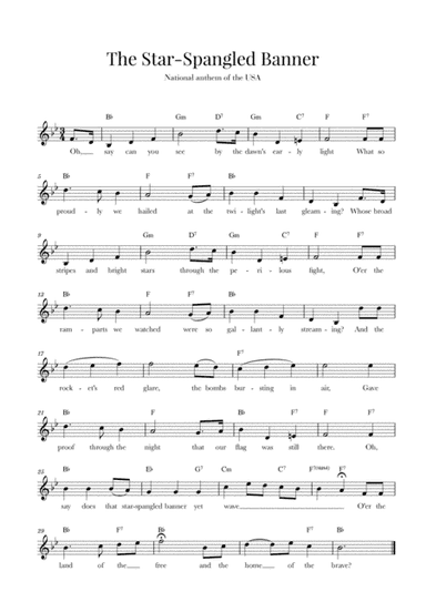 The Star Spangled Banner (National Anthem of the USA) - with lyrics - B-flat Major (arr. Cadenza Editions)