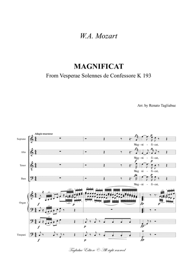 MAGNIFICAT - From Vesperae Solennes de Confessore K 193 - For SATB Choir, Organ 3 staff and (ad lib (arr. Renato Tagliabue)