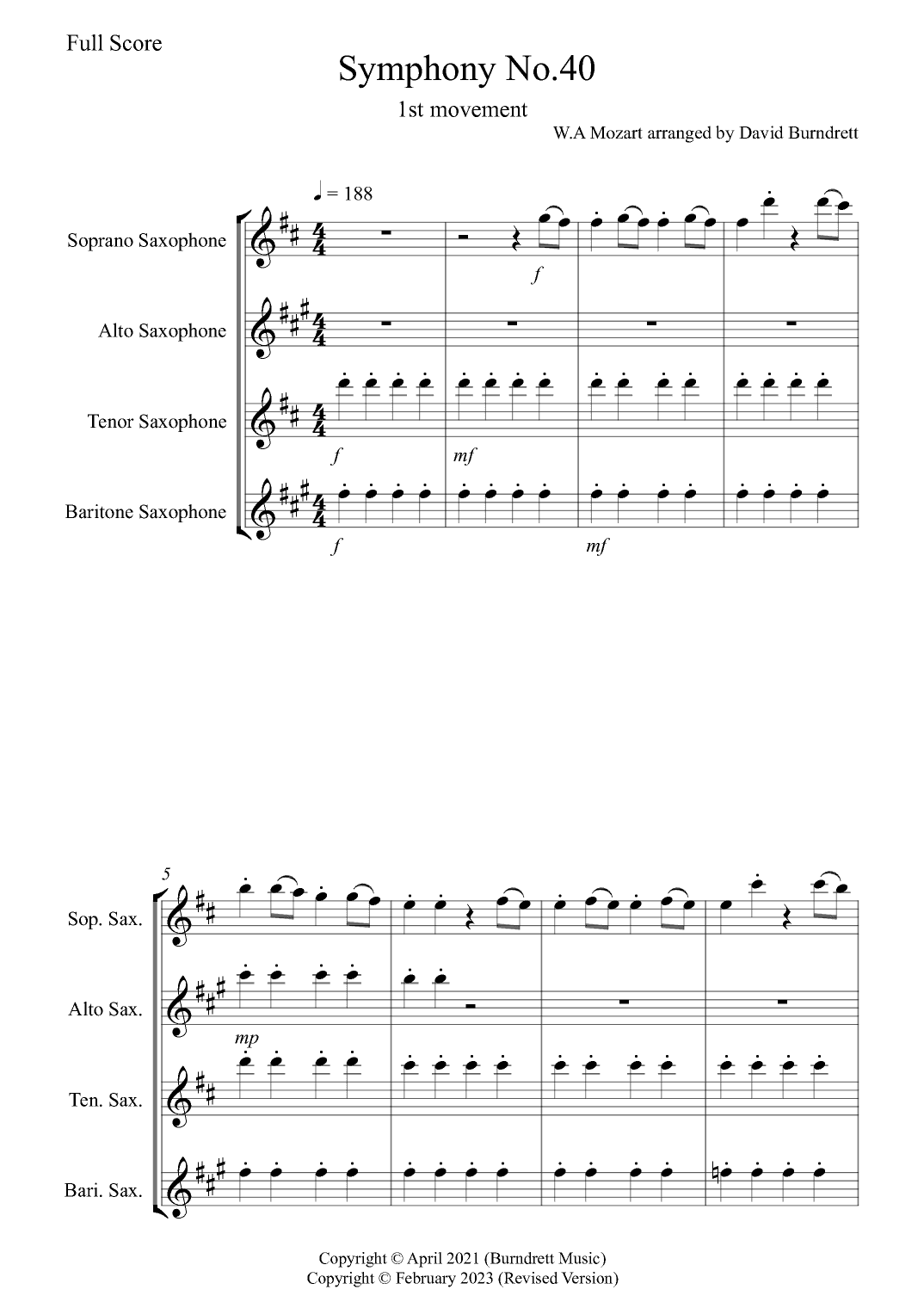 Symphony No.40 (1st movement) for Saxophone Quartet (arr. David Burndrett)