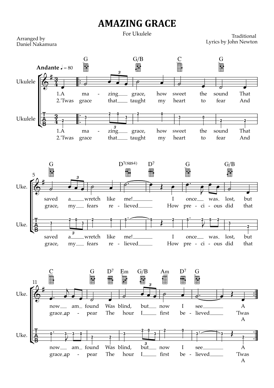 Amazing Grace (for Ukulele with TAB) (arr. Daniel Nakamura)