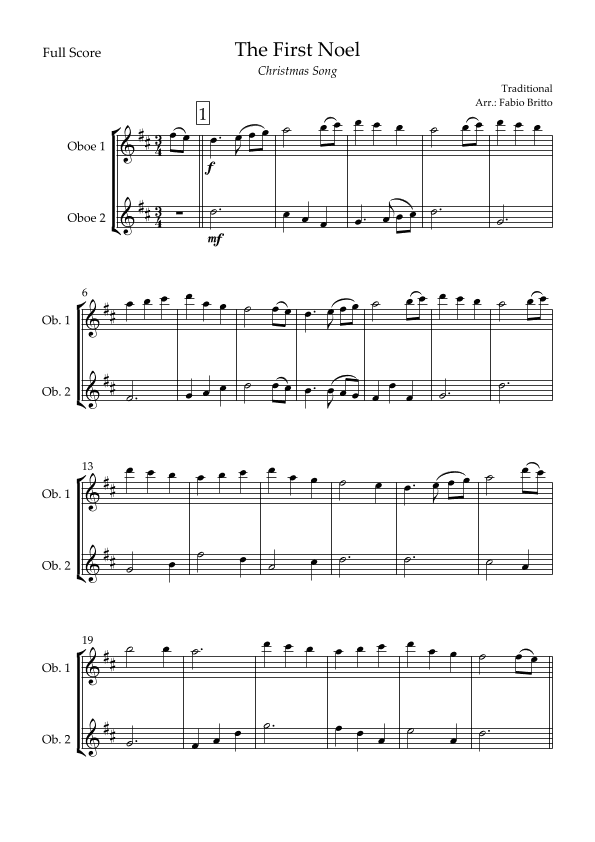 The First Noel (Christmas Song) for Oboe Duo (arr. Fabio Britto)