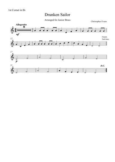 Drunken Sailor for Junior Brass Ensemble-1st Cornet Part (Bb) (arr. Christopher Evans)