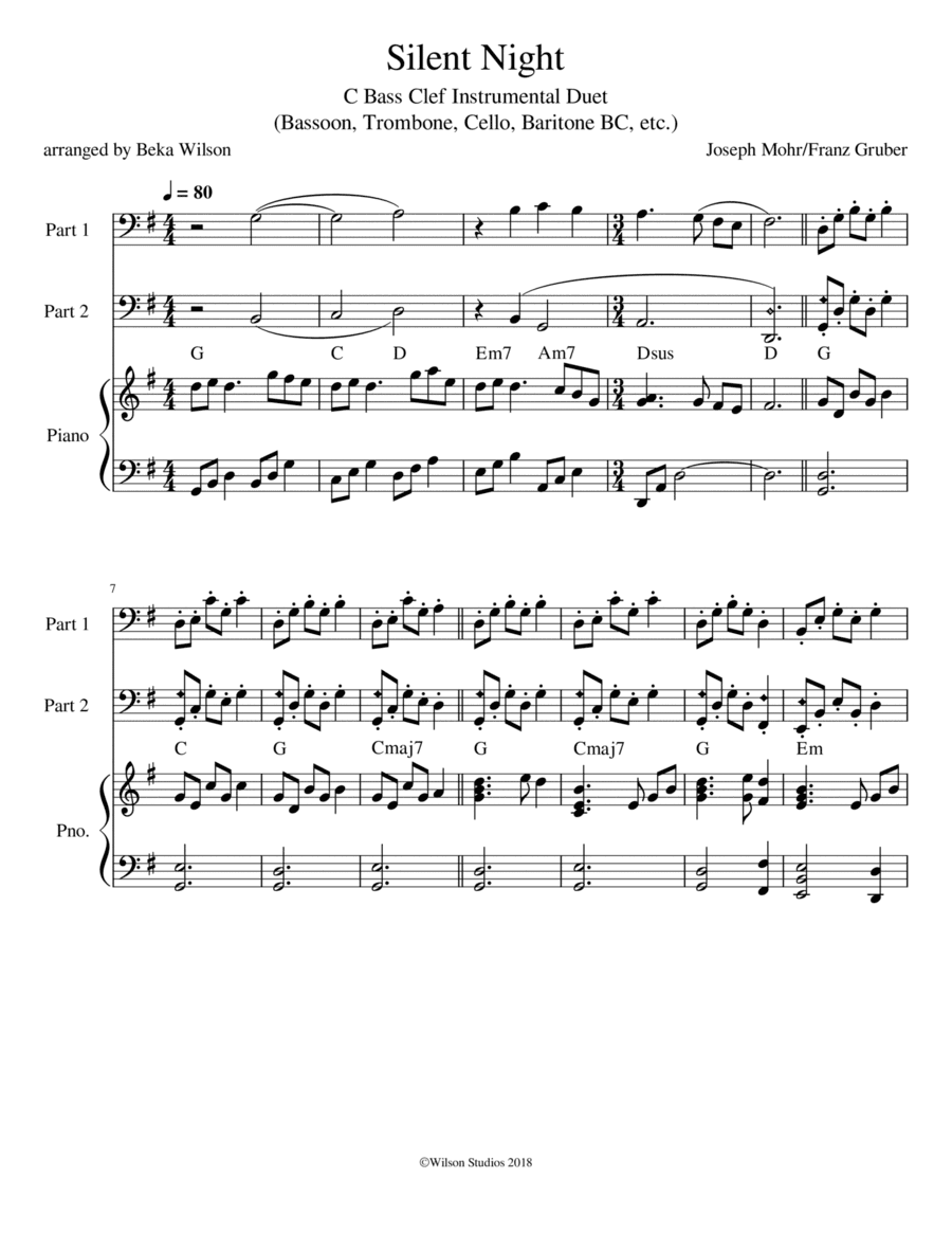 Silent Night--duet for C bass clef instruments (arr. Beka Wilson)