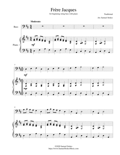 Frère Jacques (Are You Sleeping?) - for beginning string bass with optional piano accompaniment (arr. Samuel Stokes)