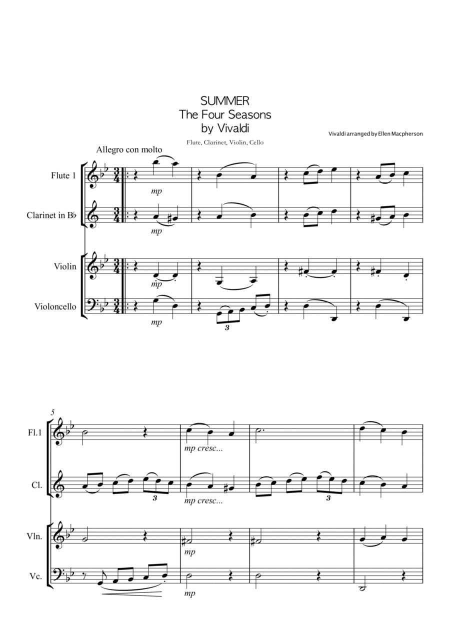 SUMMER by VIVALDI for FLUTE, CLARINET, VIOLIN, CELLO QUARTET (arr. Ellen Macpherson)