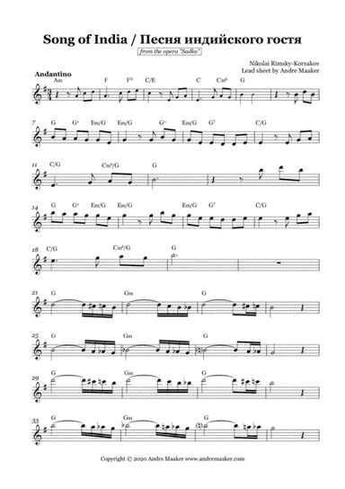"Song of India / Песня индийского гостя" - N. Rimsky-Korsakov, lead sheet (melody+chord symbols). (arr. Andre Maaker)