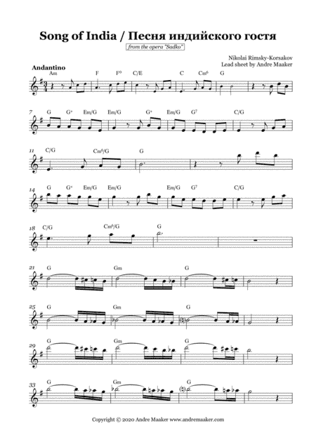 "Song of India / Песня индийского гостя" - N. Rimsky-Korsakov, lead sheet (melody+chord symbols). (arr. Andre Maaker)