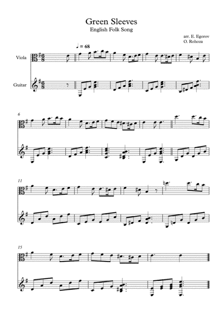 Green Sleeves, English Folk Song, For Viola & Guitar