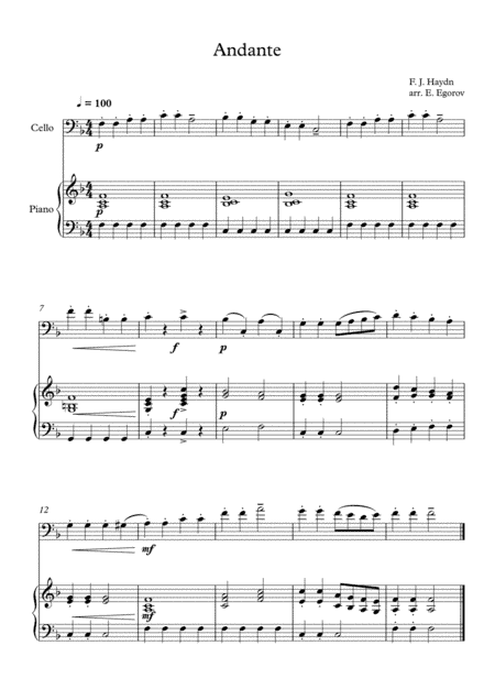 Andante (Surprise Symphony), Franz Joseph Haydn, For Cello & Piano (arr. Eugene Egorov)