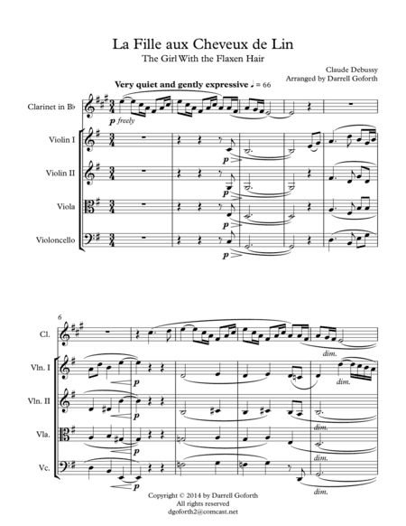 The Girl with the Flaxen Hair for Clarinet in Bb and String Quartet (arr. Darrell Goforth)