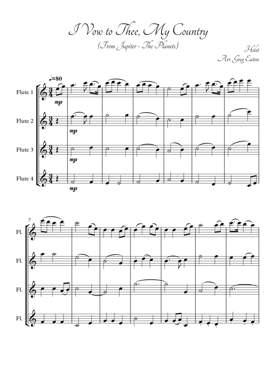 I Vow to Thee, My Country, by Holst, from The Planets. Arranged for flute quartet by Greg Eaton. Per (arr. Greg Eaton)