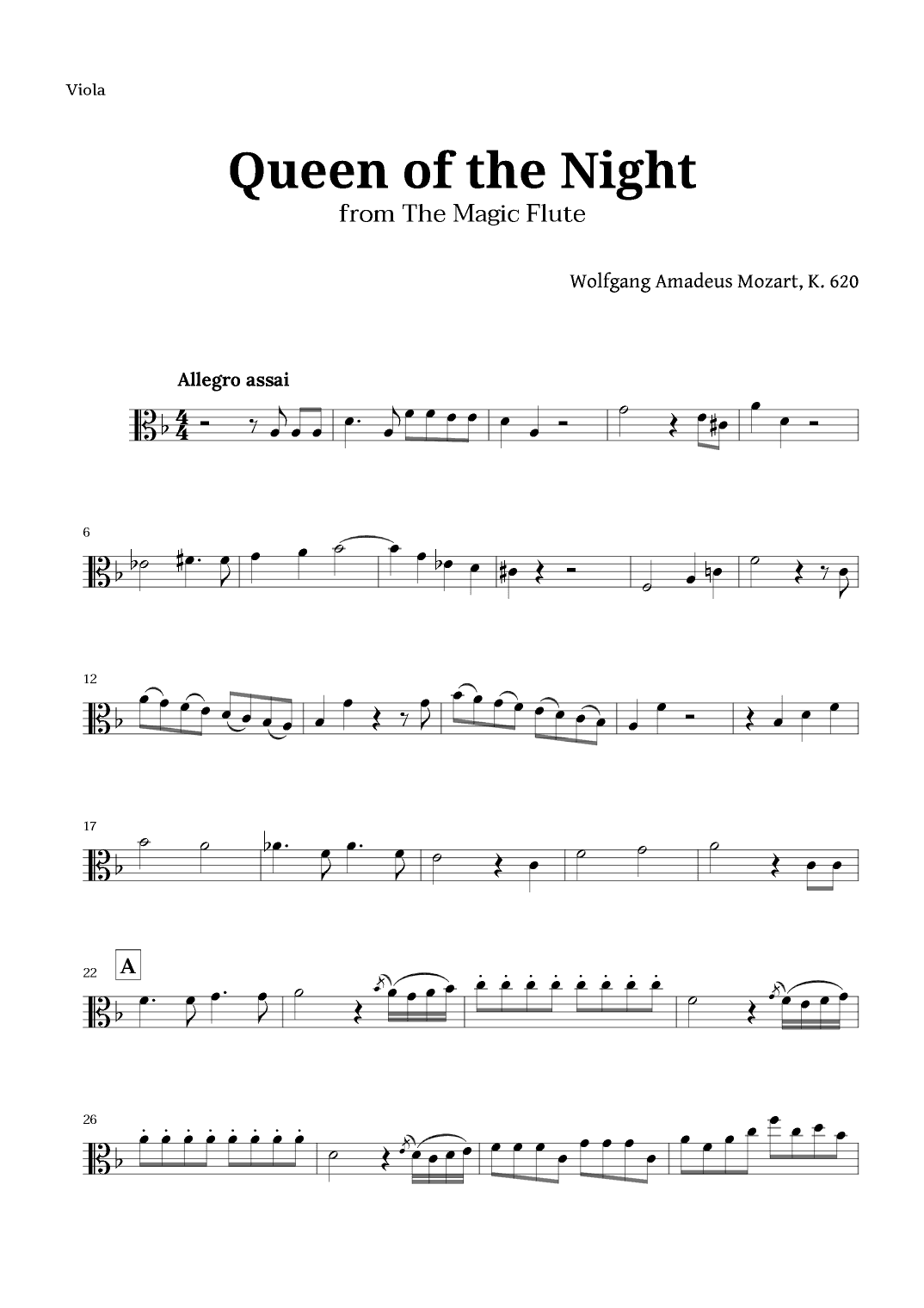 Queen of the Night by Mozart for Viola Solo (arr. Langanho)