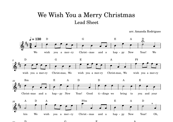 We Wish You a Merry Christimas - Easy Lead Sheet in D Major (arr. Amanda Rodrigues)