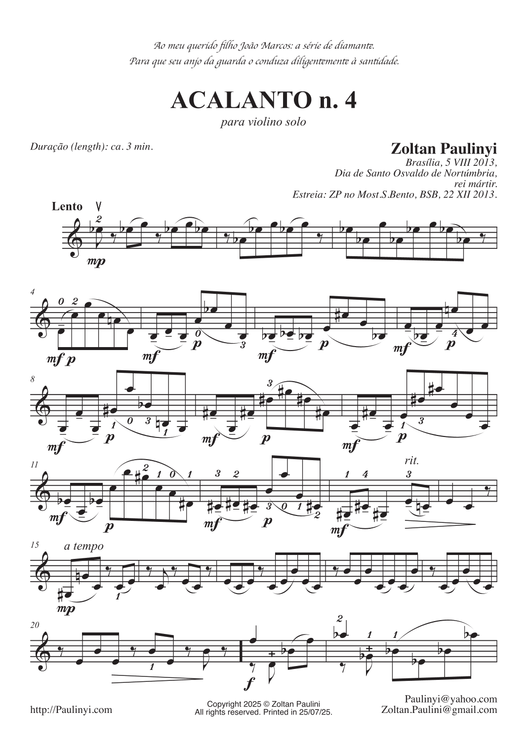Acalanto n.4 for solo violin.