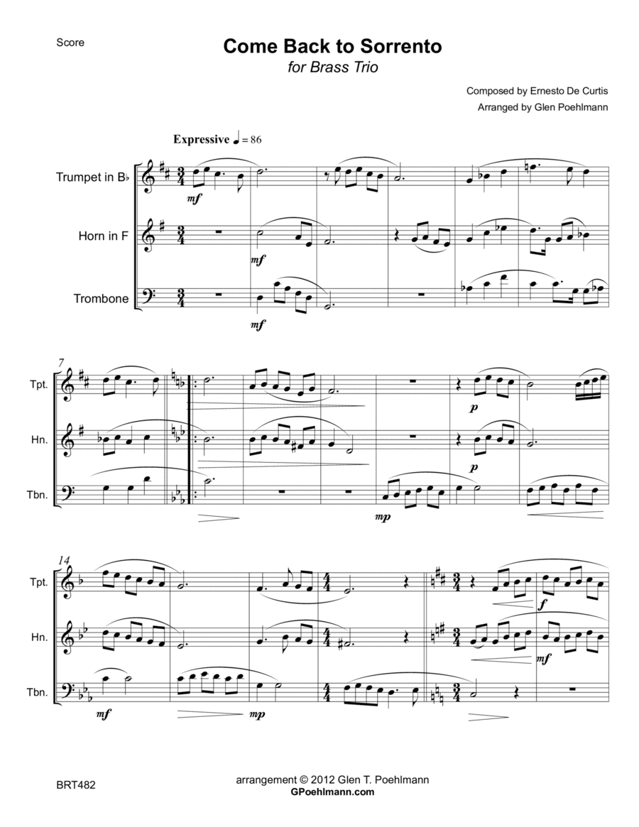COME BACK TO SORRENTO - BRASS TRIO (unaccompanied) (arr. Glen Poehlmann)