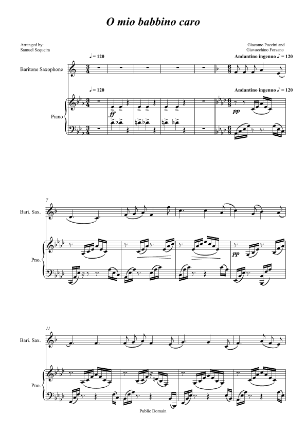 O mio babbino caro - for Baritone Saxophone and  Piano accompaniment - orchestral play along (arr. Samuel Sequeira)