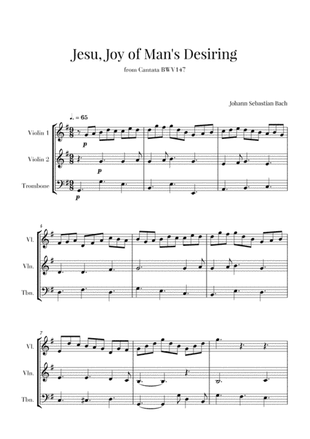 Bach - Jesu, Joy of Man's Desiring for 2 Violins and Trombone (arr. Cadenza Editions)