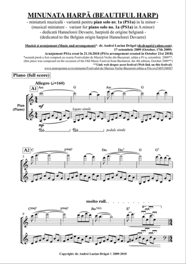 MINUNATA HARPĂ (BEAUTIFUL HARP) (musical miniature - variant for piano solo no. 1a (PS1a) in A mino