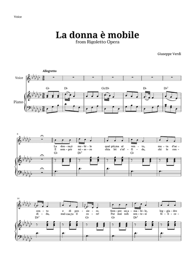 La donna è mobile in G-flat major for Voice and Piano