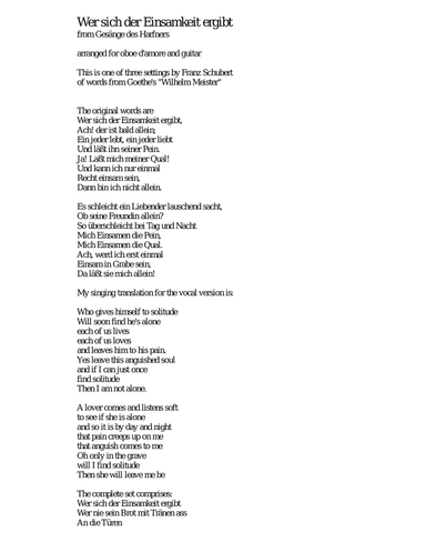 Wer sich der Einsamkeit ergibt from Gesänge des Harfners arranged for oboe d'amore and guitar