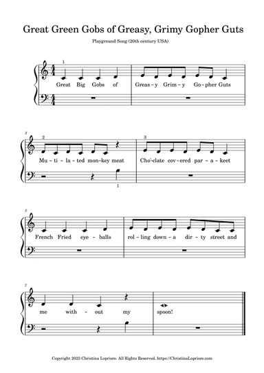 Great Green Gobs of Greasy, Grimy Gopher Guts (Easy Piano)