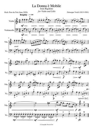 La Donna è Mobile from Rigoletto - G Verdi (Violin & Cello)