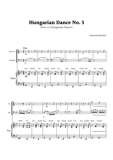 Hungarian Dance No. 5 by Brahms for Horn in F and Trombone Duet with Piano