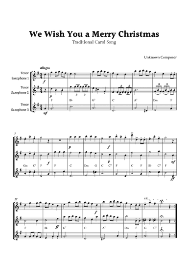 We Wish you a Merry Christmas for Tenor Saxophone Trio with Chords
