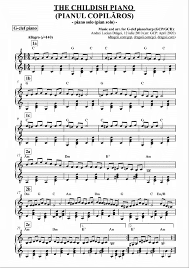 THE CHILDISH PIANO (PIANUL COPILĂROS) - arr. for G-clef piano/harp (GCP/GCH) (including lead sheet)