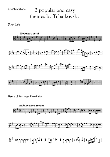 3 popular and easy themes by Tchaikovsky with accompaniment and chord symbols for Alto Trombone