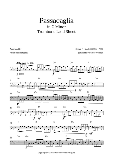 Passacaglia - Easy Trombone Lead Sheet in Gm Minor (Johan Halvorsen's Version)