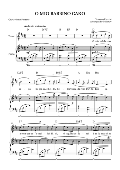 O Mio Babbino Caro | Male Voice Tenor | D Major | Piano accompaniment | Pedal | Chords