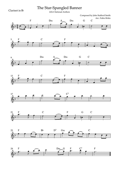 The Star Spangled Banner (USA National Anthem) for Clarinet in Bb Solo with Chords (Eb Major)