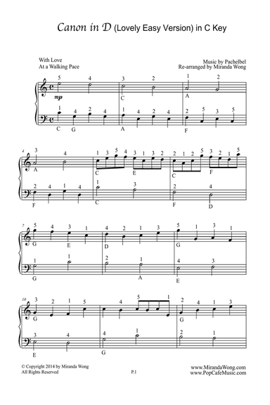 Canon in D - Easy Piano Solo in C Key (With Fingerings)