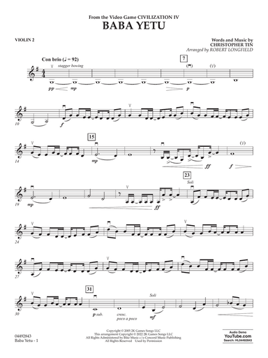 Baba Yetu (from Civilization IV) (arr. Robert Longfield) - Violin 2