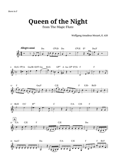 Queen of the Night by Mozart for French Horn with Chords