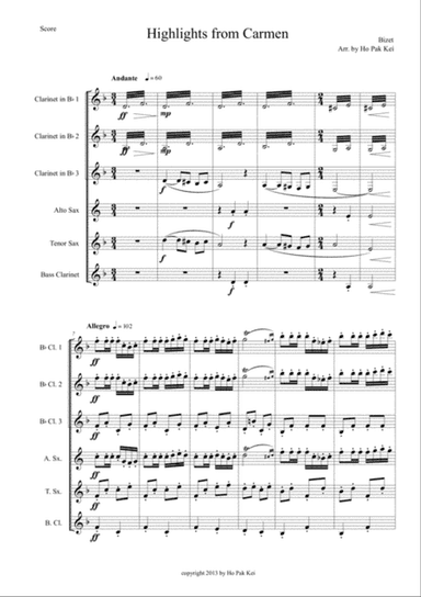 Highlights from Carmen for 3 clarinets, Alto Sax, Tenor Sax, Bass Clarinet