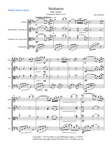 MEDITATION from Thais, String Trio, Intermediate Level for 2 violins and cello or violin, viola and