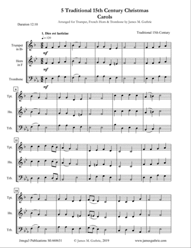 5 Traditional 15th Century Christmas Carols for Trumpet, French Horn & Trombone