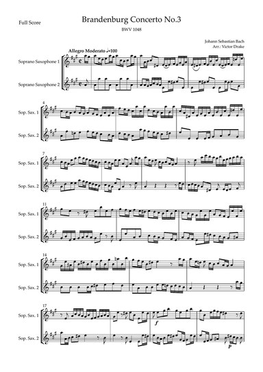 Brandenburg Concerto No. 3 in G major, BWV 1048 1st Mov. (J.S. Bach) for Soprano Saxophone Duo