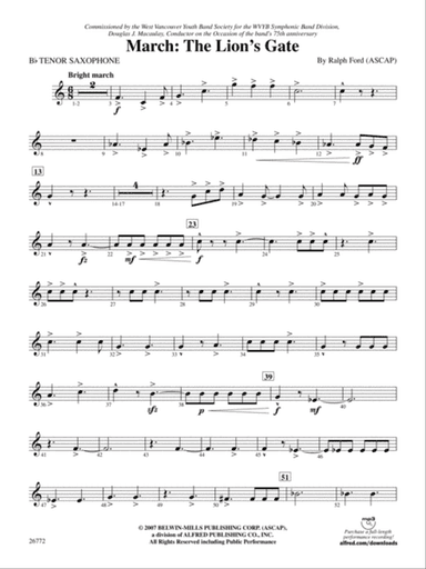 March: The Lion's Gate (Movement 1 from Sea to Sky): B-flat Tenor Saxophone